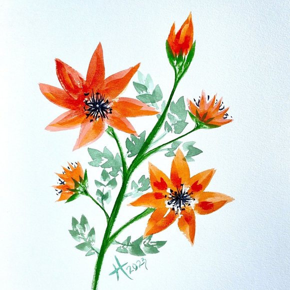Orange Burst - Original Flowers Watercolor Painting 11x14in Matted Frame Ready - Picture 1 of 6